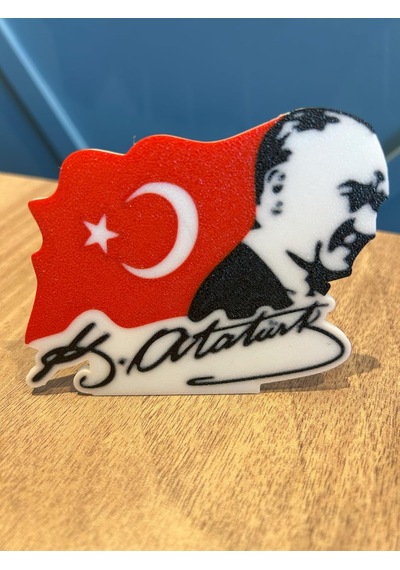 Atatürk Portresi 3d Türk Bayrağı Masaüstü Dekor Atatürk İmzalı Şık Hatıra & Ofis Süsü - Hediyelik 50 x 22