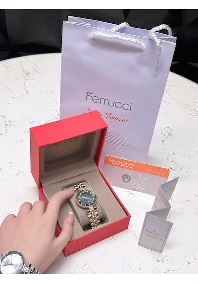 Ferrucci Kesme Kristal Camlı Çelik Kordon 2 Yıl Garantili 3 Atm Kadın Kol Saati+bileklik B01119.03 Sarı