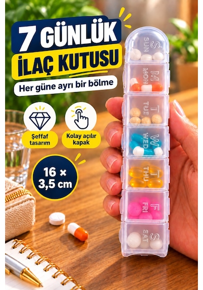 Haftalık İlaç Ve Hap Kutusu 7 Gün Şeffaf Vitamin Saklama Kabı Taşınabilir Seyahat Kutusu 16 X 3,5 Cm