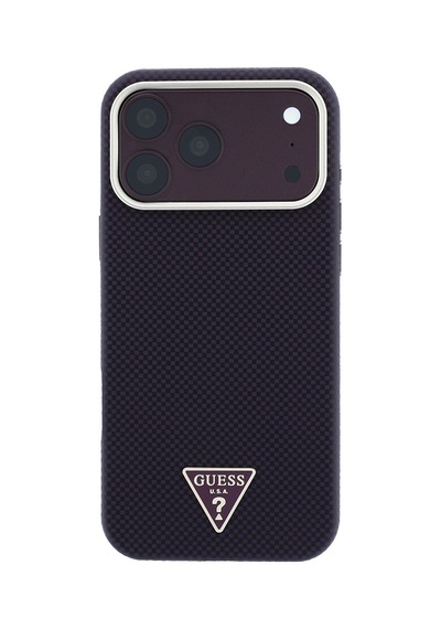 Apple iPhone Uyumlu 18 Pro Kılıf Guess Lisanslı M-safeli Pu Metal Üçgen Logolu Karbon Fiber Kevlar Kapak Bordo
