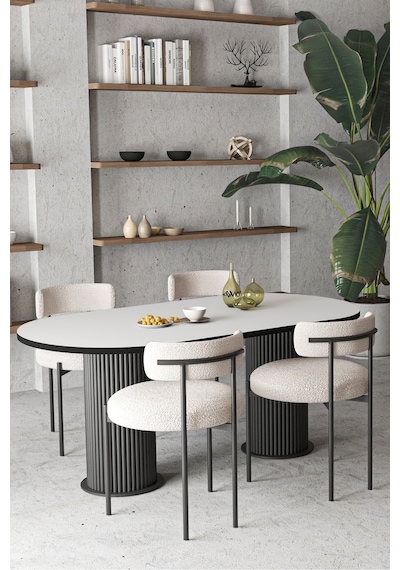 Avvio Anka Teddy Sandalye Bohem Lake Mdf Ayak 80x140 Oval Yemek Masası Mutfak Masası Masa Sandalye Takımı Beyaz
