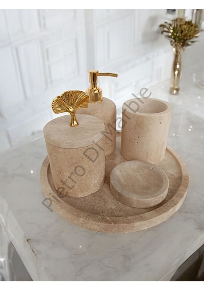 Sarı Traverten Klasik Model 5 Parça Gold Renk Japon Gülü Aksesuarlı Banyo Seti Sarı Traverten