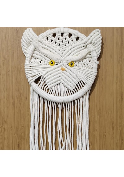 Kedi Figürlü Püsküllü El Yapımı Ekru Renk Makrome Duvar Süsü