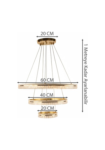 Şık Gold Kaplama 3 Katlı Silikonlu Kristalize Halka Serisi Formu Modern Led Sarkıt