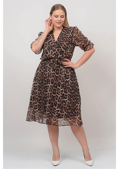 Neşeli Butik Kadın Kruvaze Yaka Midi Boy Büyük Beden Leopar Desenli Şifon Elbise Nb80622 Siyah