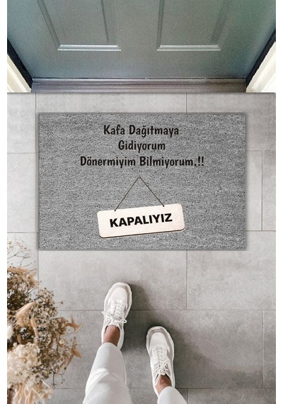 Rugmood Modern Dijital Baskı Paspas - Kapalıyız Paspas - Kapı Önü Paspası Gri