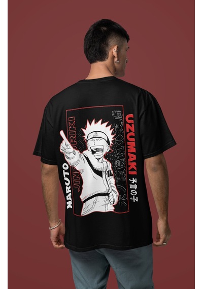 Naruto Uzumaki Jinchuriki Sırt Baskılı Unisex Oversize Anime Tişö Siyah
