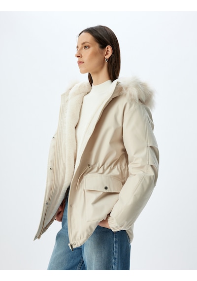 Koton Suni Kürk Detaylı Kapüşonlu İçi Peluş Astarlı Şişme Mont Taş 5wak00163ew