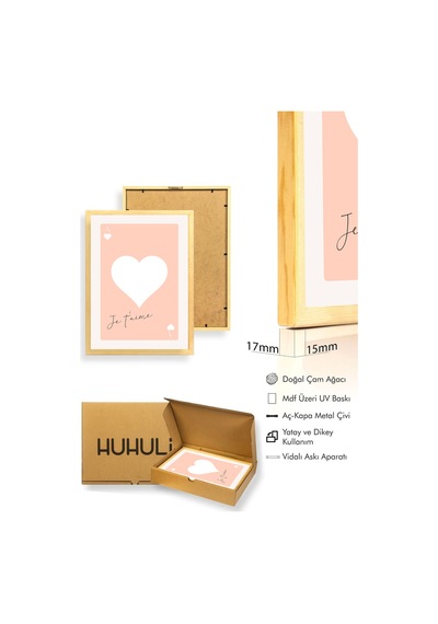 Doğal Ahşap Çerçeveli Retro Kalp Je T'aime Tablo - Romantik Pastel Tonlar Huhu2372