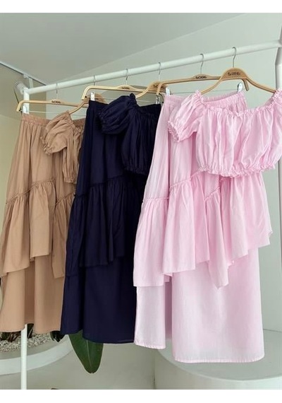 Amorluxe Büzgülü Crop Kat Detaylı Fırfır Etekli Takım 10196 Pembe