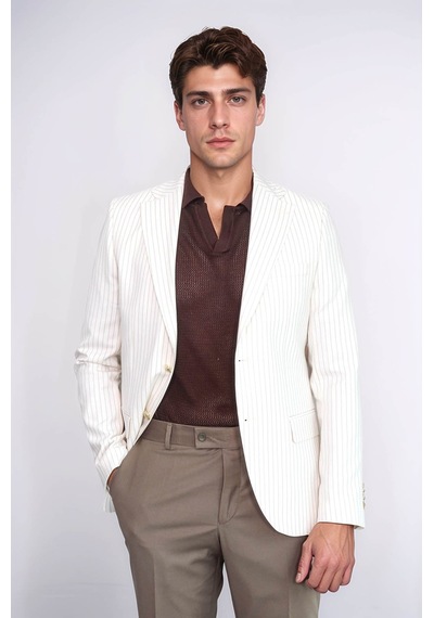 Ekru Çizgili Keten Dokulu Gold Renk Metal Düğmeli Slim Fit Erkek Blazer Ceket Wessi Beige