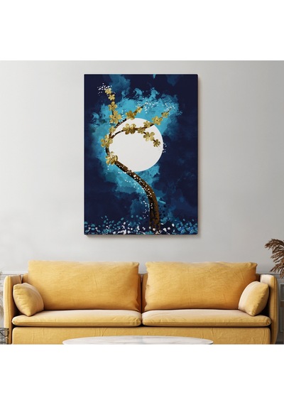 Altın Çiçekli Ağaç Ve Ve Ay Kanva Tablo, Soyut Çağdaş Sanat Örneği-4971 50 X 70