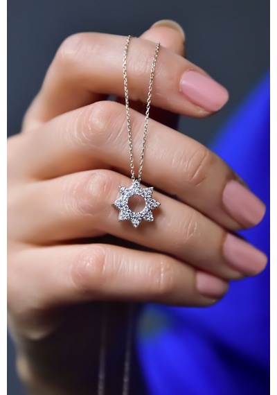 Papatya Silver 925 Ayar Gümüş Rodyum Kaplama Zirkon Taşlı Montür Güneş Kolye
