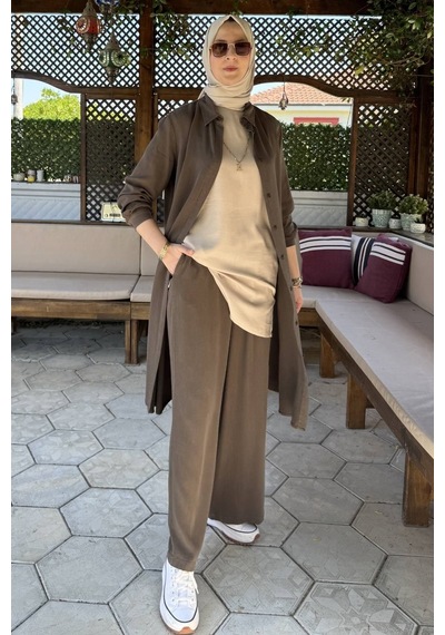Rabia Şamlı İnci Pantolonlu Takım Haki Normal