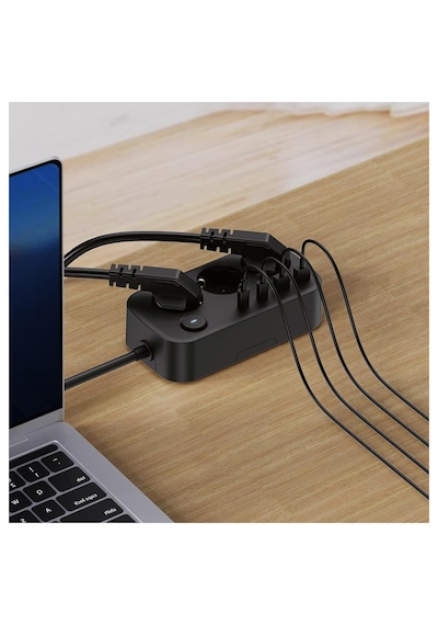 3 Lü Akım Korumalı Çoklu Priz 2 Usb-a 2 Usb-c 2 Metre Kablolu Duvara Monte Anahtarlı Siyah 1 - 3 M