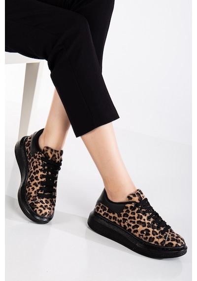 Erceka Günlük Spor Ayakkabı Kadın Sneaker Bağcıklı Leopar Siyah-beyaz-kahverengi Tam Siyah / Leopar