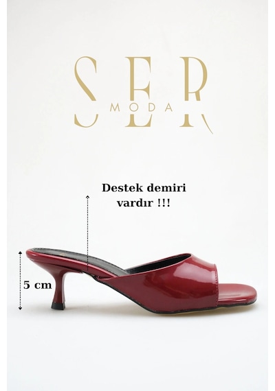 Sermoda Topuklu Kadın Terlik - 5 Cm İnce Topuklu Küt Burun Kadın Terlik Bordo Rugan