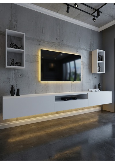Resital Duvara Monte Ledli 270 Cm Tv Ünitesi Duvar Raflı - Ll6032 Beyaz