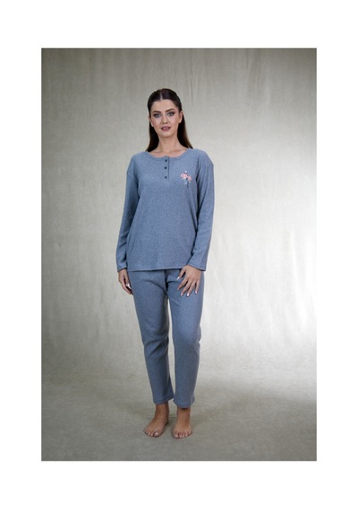 Estiva Kadın Nakış İşlemeli Patlı İnterlok Şardonlu Pijama Takımı Gri