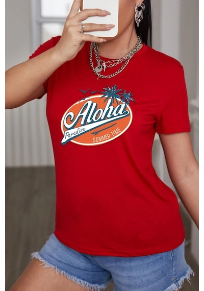 Unisex Aloha Baskılı T-shirt Kırmızı