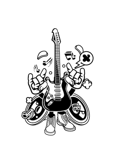 Paybuy Müzik Gitar Kaya Eli Sanat Baskılı Erkek Oversize Tişört Siyah