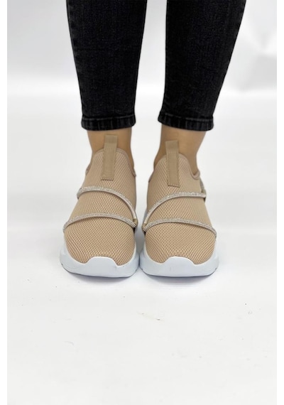 Z6357 Taşlı Fileli Hafif Bej Kadın Sneaker 001