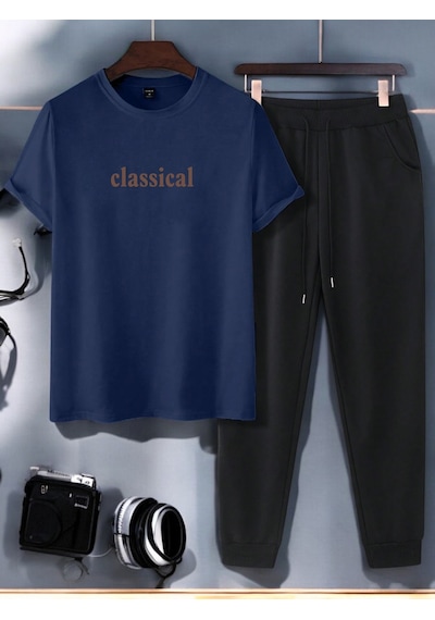 Uyguntarz Unisex 2'li Classical Baskılı Eşofman Takımı Lacivert