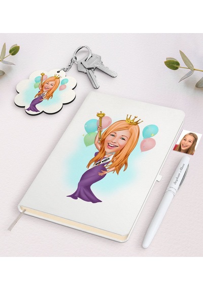 Kişiye Özel Dünya Güzeli Karikatürlü Beyaz Defter Kalem Ve Anahta