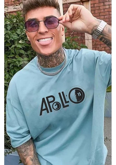 Flood Of Style Erkek Turkuaz Apollo Baskılı Oversize Bisiklet Yaka Kısa Kollu Pamuklu Tişört