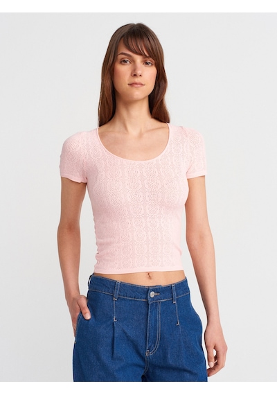 Dilvin 10755 Kısa Kollu Dantel Dokulu İnce Triko Bluz-pembe Pembe