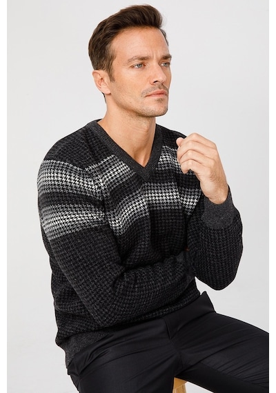 Desen Triko Erkek Çizgi Detaylı Saf Yün Kazak 0248655 Füme Füme