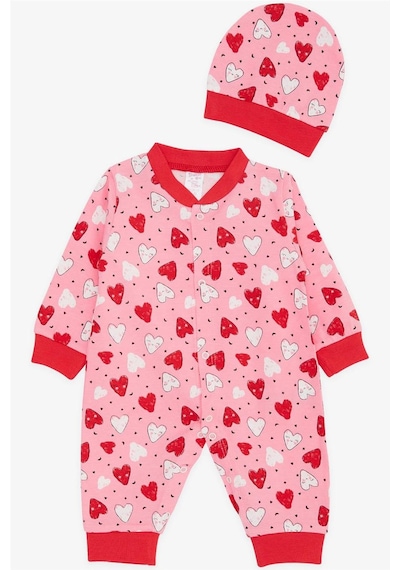 Breeze Kız Bebek Tulum Renkli Gülenyüz Kalp Desenli 0-3 Ay-6 Ay, Pembe-Pembe