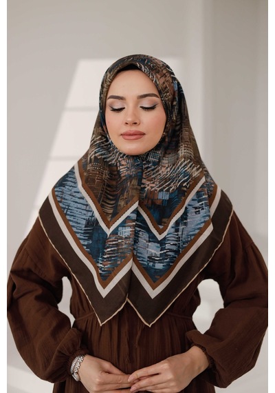 Mimiyum İz Desen Soft Eşarp Kahve Mavi Çok Renkli