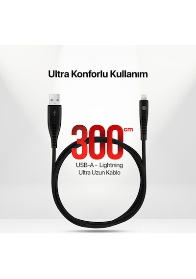 Mojue Ekstra Dayanıklı Ve Uzun 300 CM USB-A - Apple Uyumlu iPhone Lightning 2A Şarj Kablosu Siyah