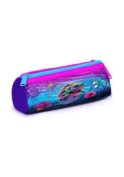 Coral High Kids Pembe Mor Kaplumbağa Desenli Üç Bölmeli Kalem Çantası 22056