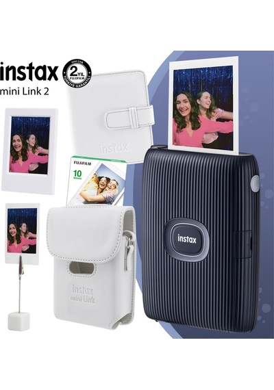 Fujifilm Instax Mini Link 2 Yazıcı + 10'lu Mini Film + Deri Kılıf + Albüm Çerçeve + Kıskaçlı Stand Mavi
