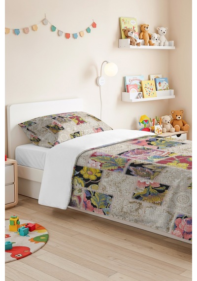 Çiçekli Patchwork Bej Tek Kişilik Pike Takımı - Vintage Krem Pembe 160x220 Cm Mevsimlik Yatak Örtüsü Kırsal İpek Dengesi