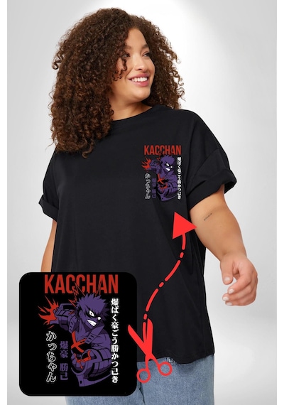 Angemiel Kasuki Bakugo Anime Siyah Büyük Beden Kadın Basic Minimal Baskılı Tişört Siyah