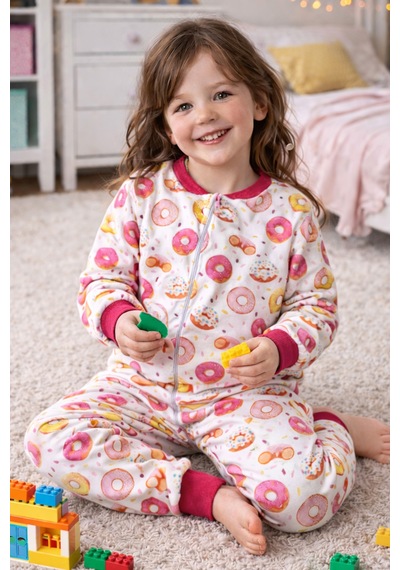 Bebegen Kız Çoçuk Fuşya Biyeli Pembe Donut Desenli Uyku Tulumu Çok Renkli