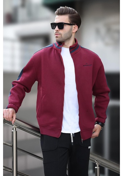 Madmext Bordo Yarım Balıkçı Yaka Fermuarlı Baskılı Erkek Hırka 7081 Bordo