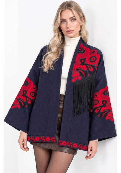 Saade Lacivert Etnik Çiçek Nakışlı Püsküllü Kimono Ceket