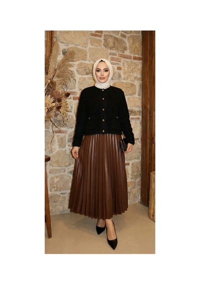 Unika Boutique Ince Piliseli Model Etek Acı Kahve