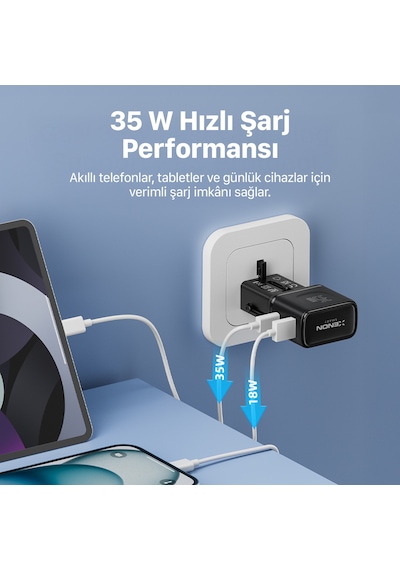 Xenon Smart Priz Dönüştürücü 35w Gan Hızlı Şarj, 200+ Ülke, Usb-c & Usb-a, Pd Pps, Seyahat Adaptörü X6407