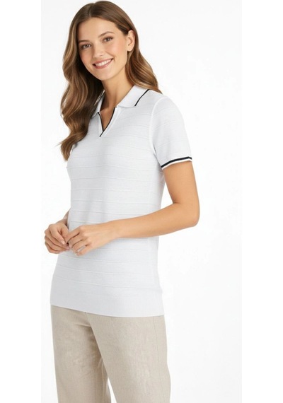 Wear Vexel Kadın Yazlık Dokuma Triko Tişört Düğmesiz Polo Yaka Kısa Kol T-shirt - Beyaz Beyaz