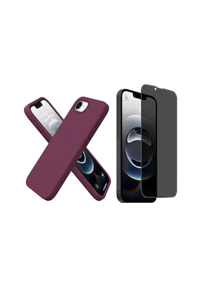 Apple iPhone 16e Uyumlu İçi Kadife Lansman Kılıf Ve Hayalet Privacy Tam Kaplayan Cam Ekran Koruyucu Koyu Mor