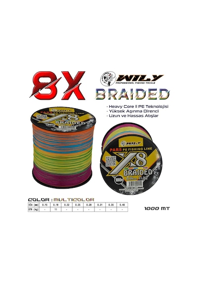 Wily Pars 8 Kat İp Misina 1000 Mt Multicolor 0,18