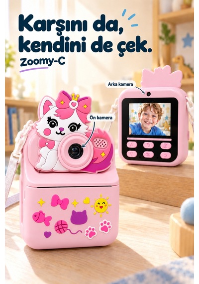 Kj/zm-001 Zoomy-c Kedi Figürlü Anında Baskılı Çocuk Fotoğraf Makinesi, Çift Kamera, 2,4 İnç Ekran, 1080p Video, 3+ Yaş Pembe