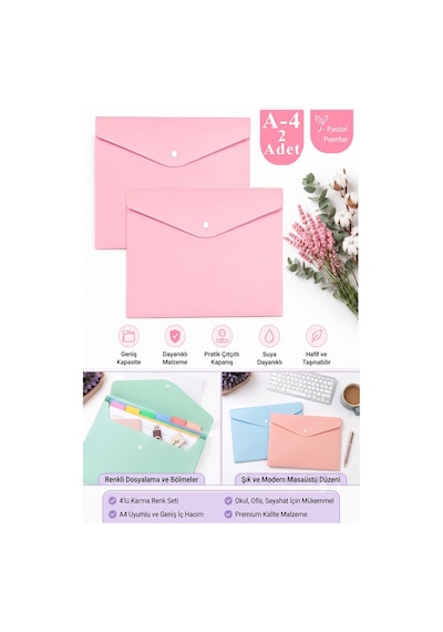 Pembe Çıtçıtlı Dosya Pastel Renk A4 2 Adet Dosy Plastik Renkli Zarf Dosya Çıt Çıtlı Dosya Ödev Evrak Belge Saklama