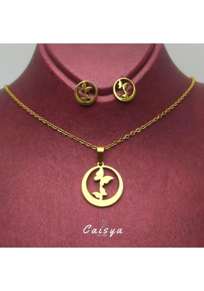 Kelebek Yuvası Çelik Kolye Küpe Set Gümüş