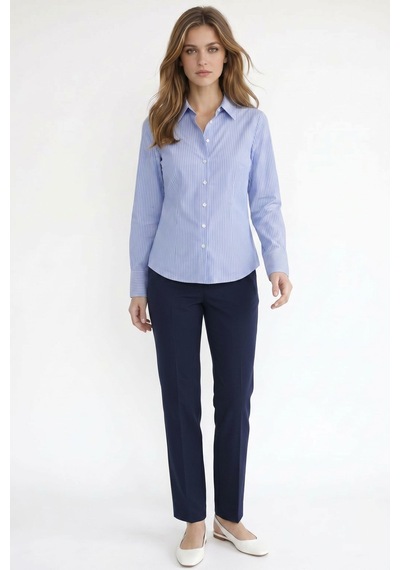 Tudors Kadın Slim Fit Dar Kesim Pamuklu Uzun Kollu Çizgili Mavi Kadın Gömlek-51527